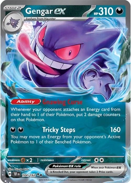 Köp Pokémon-kort Gengar ex 104/162 (Double Rare Holo) – Temporal Forces hos Pokekid.se Säljs med toploader och sleeve! Skickas säkert!